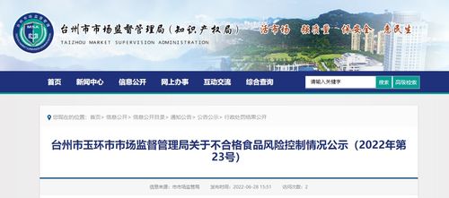 浙江省玉環市市場監管局公示不合格食品風險控制情況 2022年第23號